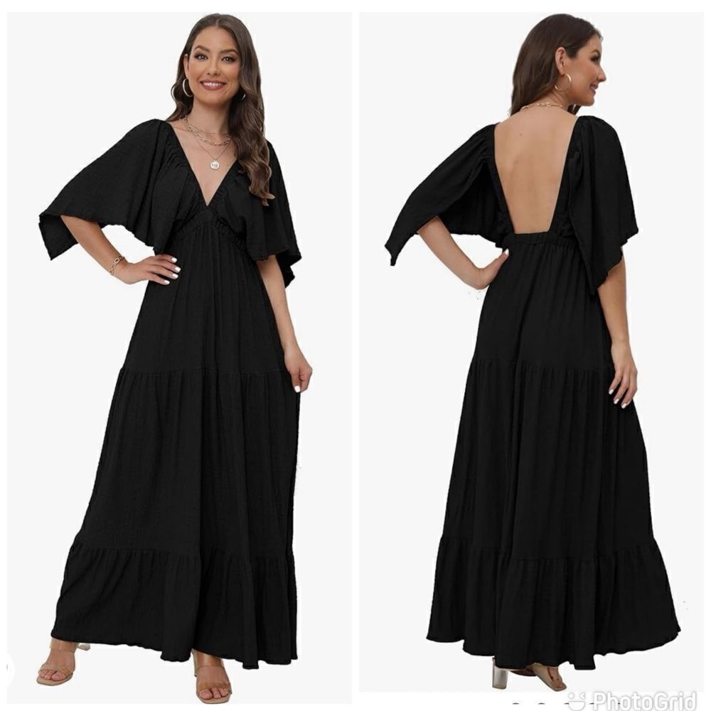 New V-Neck  Tiered Silhouette with Flutter Sleeves Maxi Black Dress